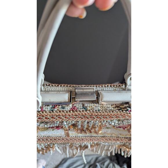 Vtg Victorian Purse Floral Embroidered Tapestry Needlepoint Bronze Blue Stones - Picture 7 of 16